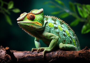 Realistic portrait of colorful iguana isolated on dark background. AI generated