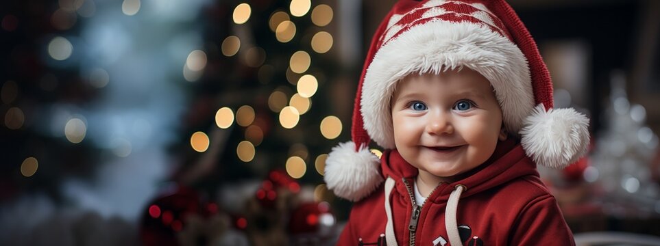 little baby boy with santa claus christmas costume in the living room at home