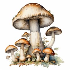 Mushrooms on a white background painted in watercolor