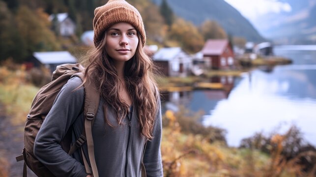 travel girl in autumn wearing warm clothes