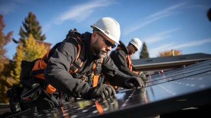 workers installing solar panels on the roof - obrazy, fototapety, plakaty