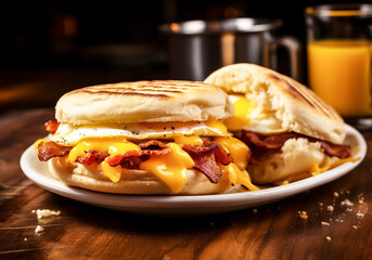 English muffin sandwich with crispy bacon, fried egg and melted cheese. AI generated - obrazy, fototapety, plakaty