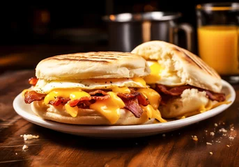 Foto op Canvas English muffin sandwich with crispy bacon, fried egg and melted cheese. AI generated © Alicina