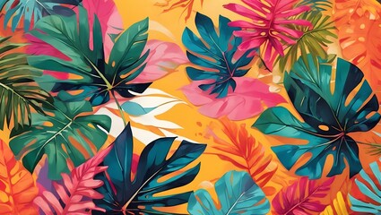 A Vibrant And Inviting Background Design That Captures The Essence Of A Tropical Paradise, Infused With Bright And Colorful Tones And Adorned With Exotic Painted Palm Leaves AI Generative