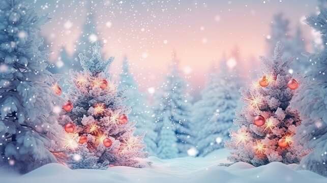 Winter snowy forest with Christmas tree