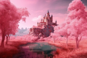 Enchanting pink scenery featuring a castle in a whimsical world. Generative AI
