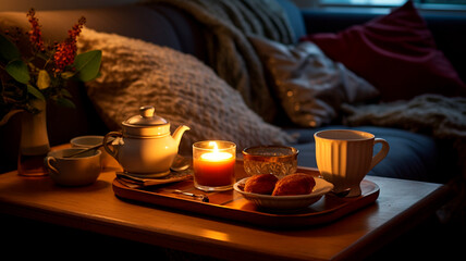 cup of tea with candles and books on bed