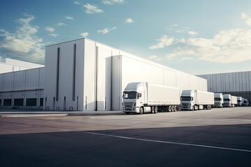 white warehouse with trucks in front of it and outside the building Generative AI - obrazy, fototapety, plakaty