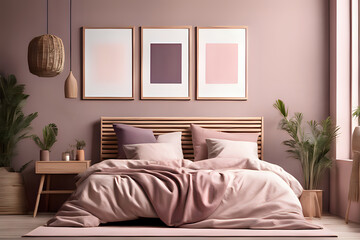 Cozy sustainable bedroom in natural colors with wooden furniture and three poster mockups. Stylish calm purle and pink