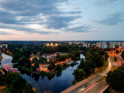 Evening panorama of Piła and the Gwda river, Piła, Greater Poland Voivodeship, Poland, July 23, 2022