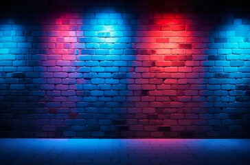 Neon light on brick walls that are not plastered background texture lighting effect red and blue...