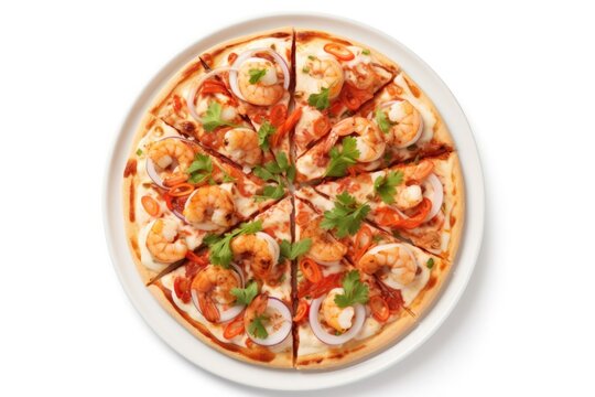 A mouthwatering seafood pizza beautifully garnished with fresh parsley, juicy shrimp, strands of red onion, and a rich tomato sauce