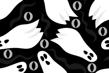 Creepy, spooky, scary Halloween ghost. Black, white and gray colors. Seamless vector pattern for design and decoration. © Alyona