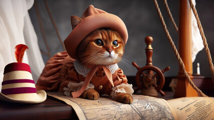Cat in a Pirate Hat and Bandana with a Map and a Wheel, AI Generated Illustration, Realistic