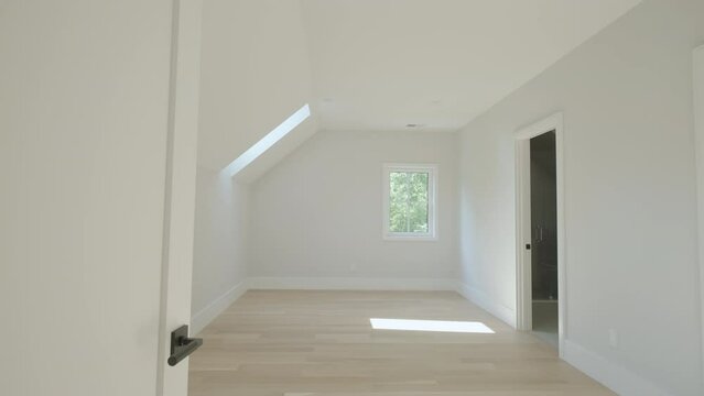 Wide footage of Modern white design window or skylight in a modern apartment, home interior. Move camera