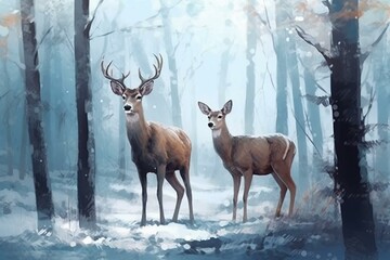 Lovely deer pair in winter forest, enjoying the wildlife ambiance. Digital artwork. Generative AI