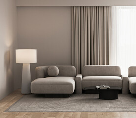 Minimal neutral style livingroom interior design with monochrome sofa and panoramic window background. 3d rendering. High quality 3d illustration