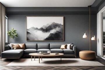 A Canvas Frame for a mockup elegantly positioned over a minimalist slate gray sofa in a modern living room.