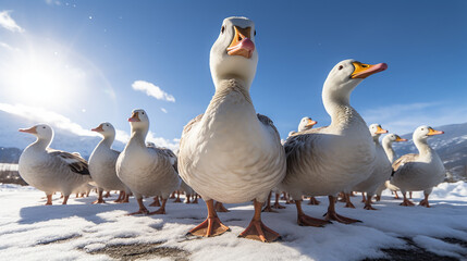 Fototapeta premium a group of geese in nature looking at the camera created with Generative Ai