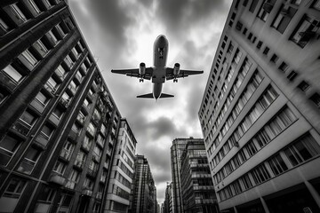 Fototapeta na wymiar Jet soaring above Frankfurt. Generative AI
