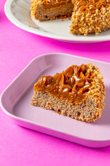 churros cake with dulce de leche on top. sweet cake dessert