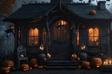 Obraz premium Halloween Backdrop, Witch Cottage, HALLOWEEN DIGITAL BACKDROP, witch house, party decor, kids photography, background, witch, photoshop overlays