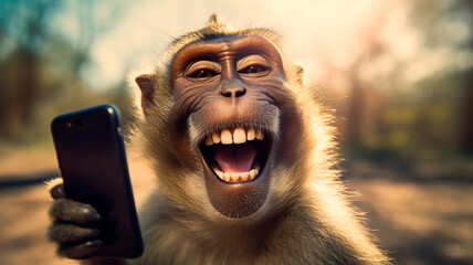 funny monkey with a mobile phone - obrazy, fototapety, plakaty