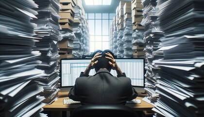 Stressed office worker looking at multiple computer screens with stacks of papers.