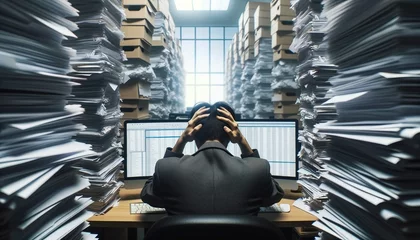Foto op Plexiglas Stressed office worker looking at multiple computer screens with stacks of papers. © OKAN
