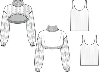 Women's Cable Double Layer Rib Knit Set. Technical fashion illustration. Front and back, white colour. Women's CAD mock-up. - obrazy, fototapety, plakaty
