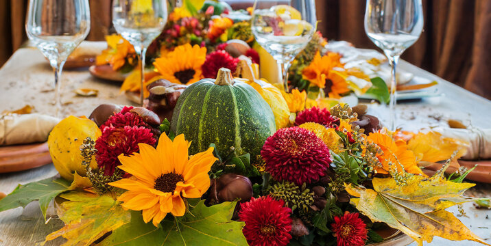 thanksgiving table decorated with bright autumn leaves 