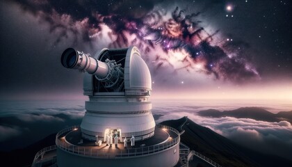 Scientists looking into vast space through large telescope at Observatory. - obrazy, fototapety, plakaty