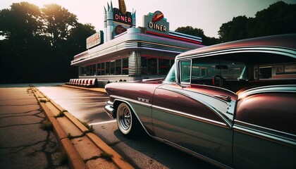 A classic car standing on an asphalt road next to a retro restaurant. - obrazy, fototapety, plakaty