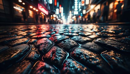 Close-up view of wet cobblestone streets sparkling under city lights.