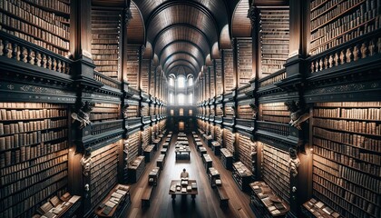 A lonely reader in the middle of a large collection, each floor filled with old volumes, manuscripts and parchments. - obrazy, fototapety, plakaty
