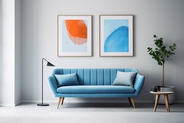 Modern Living Room with Blue Sofa and Terra Cotta Lounge Chair. Generative ai