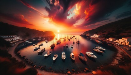 A picturesque coastal setting with boats moored in the harbor on a sunset background.
