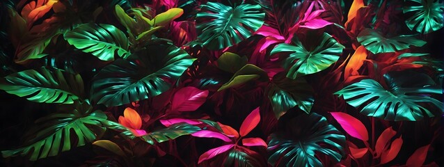 Neon Tropical Leaves Background Palm Leaves Background Leaf Background Tropical Wallpaper Forest Background AI Generative