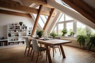 Fototapeta premium Scandinavian Dining Room in Attic with Wooden Beams. Generative ai