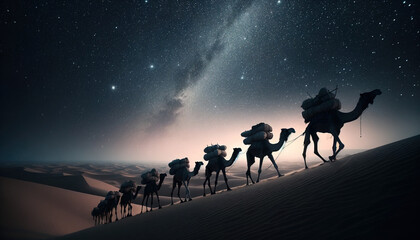 A camel caravan silhouetted against a starry desert sky.