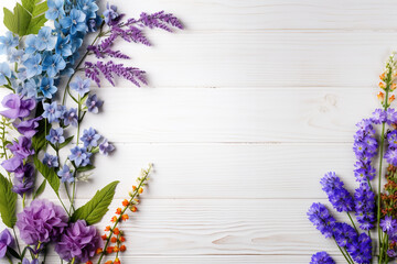 Lilac and blue wildflowers and lupins on  white background, AI Generation