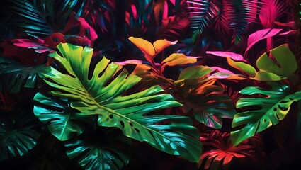 Fototapeta na wymiar Neon Tropical Leaves Background Palm Leaves Background Leaf Background Tropical Wallpaper Forest Background AI Generative