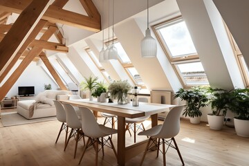 Obraz premium Scandinavian Dining Room in Attic with Wooden Beams. Generative ai