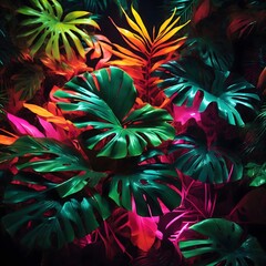 Neon Tropical Leaves Background Palm Leaves Background Leaf Background Tropical Wallpaper Forest Background AI Generative