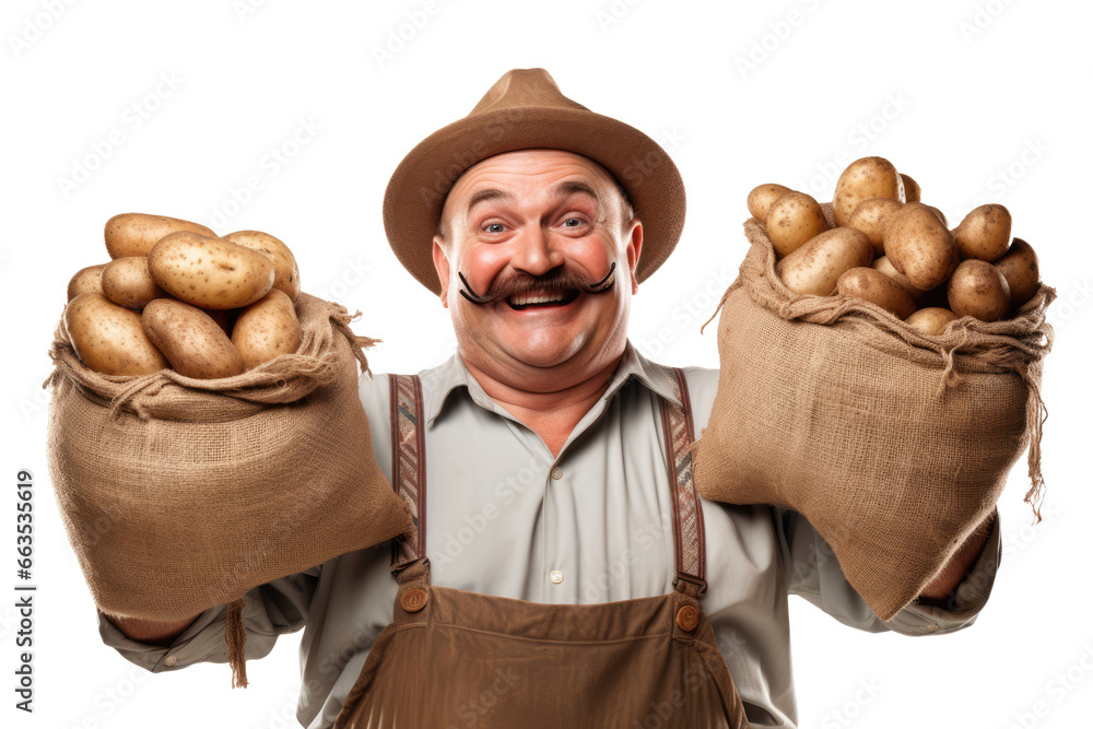 Wall mural isolated man farmer with burlap sack with potatoes harvest on transparent white background