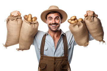 isolated man farmer with burlap sack with potatoes harvest on transparent white background