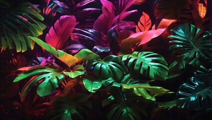 Neon Tropical Leaves Background Palm Leaves Background Leaf Background Tropical Wallpaper Forest Background AI Generative