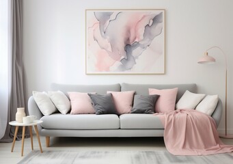 Fototapeta na wymiar Modern Living Room: Grey Sofa with Pink Accents and Abstract Art. Generative ai