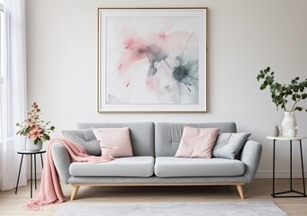 Modern Living Room: Grey Sofa with Pink Accents and Abstract Art. Generative ai