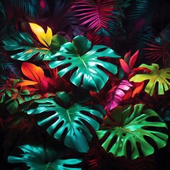 Neon Tropical Leaves Background Palm Leaves Background Leaf Background Tropical Wallpaper Forest Background AI Generative